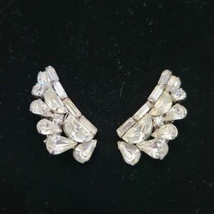 Vintage KRAMER of New York Signed Clear Rhinestone Clip On Angel Wing Earrings